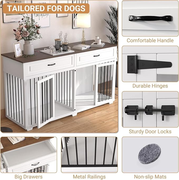 Large Dog Crate with Double Rooms, 72" Heavy Duty Wooden Dog Cage Furniture Dog Crate Kennel with Drawers &amp; Removable Divider,Indoor Luxury Dog House for Large Dogs,White
