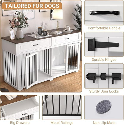 Large Dog Crate with Double Rooms, 72" Heavy Duty Wooden Dog Cage Furniture Dog Crate Kennel with Drawers &amp; Removable Divider,Indoor Luxury Dog House for Large Dogs,White
