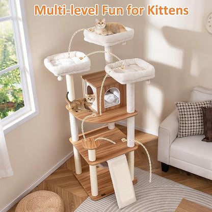 PETSITE 68 Inch Modern Tall Cat Tree for Indoor Cats, Multi-Level Wooden Cat Tree Tower with Sisal Scratching Posts, 3 Top Perches, Cat Condo, Comfy Hammock, Sisal Ramp, and Jingling Balls