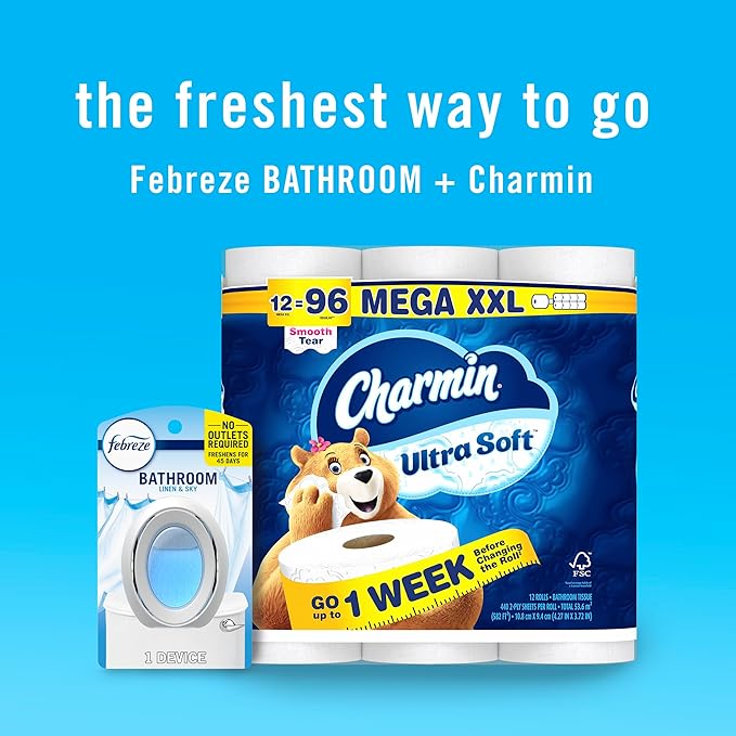 Febreze Bathroom Air Freshener, Odor-Fighting, Plug In Alternative, Air Fresheners for Home and Bathroom and Kitchen, Closet Air Fresheners, Linen &amp; Sky Scent, 4 Count