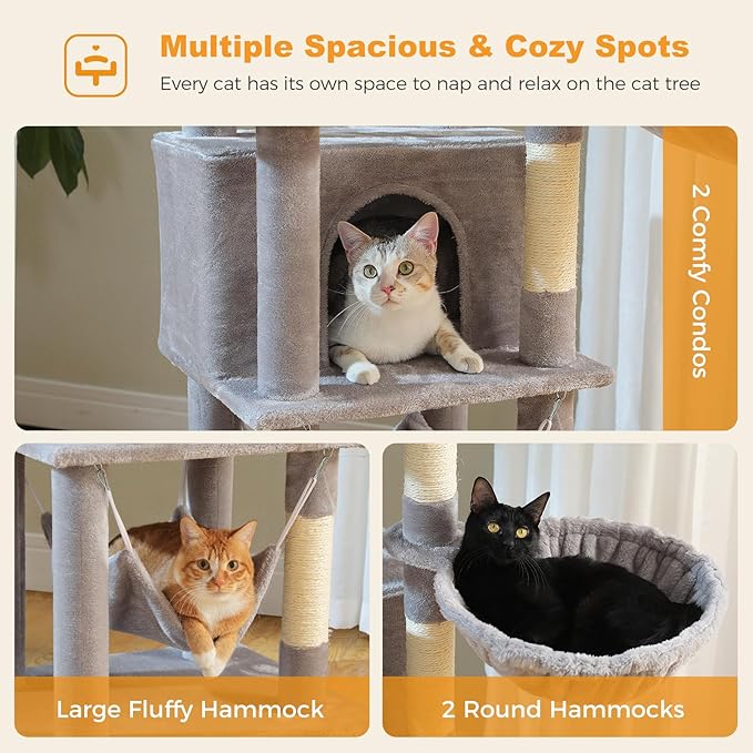 71.2" Tall Cat Tree for Indoor Cats - 9-Level Multi-Cat Tower w/5 Sisal Scratching Posts, 2 Condos, 3 Hammocks, Perch &amp; Pom Poms - Heavy-Duty for Adult Cats, Space-Saving Plush Gray
