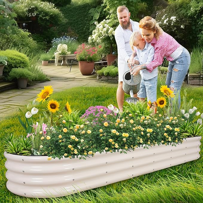 1MORE Galvanized Raised Garden Bed- Planter Garden Boxes Outdoor, Raised Beds for Gardening, 8x2x1ft Metal Garden Bed Kit for Vegetables Flower, Planter Raised Beds with Protective Tape &amp; Tools.White