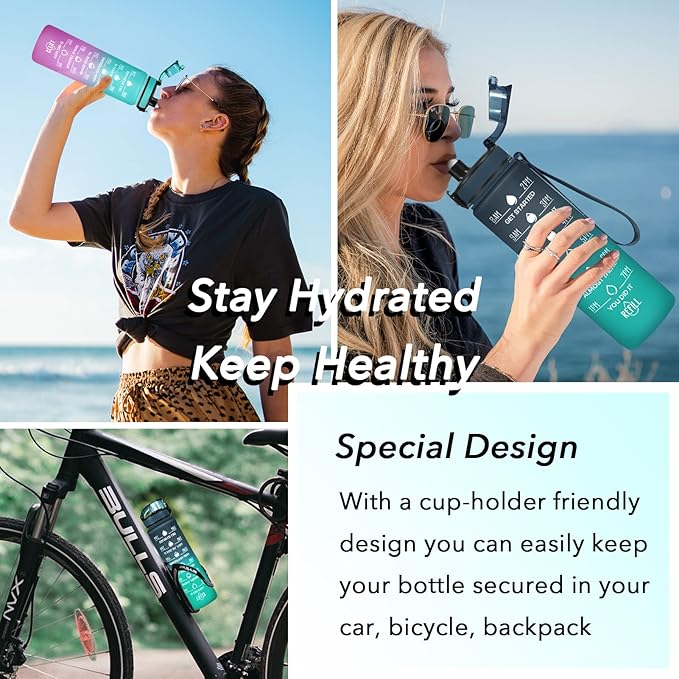 Enerbone Water Bottle, Leakproof BPA &amp; Toxic Free, Motivational Water Bottle with Times to Drink and Straw, Fitness Sports Water Bottle with Strap for Office, Gym, Outdoor Sports