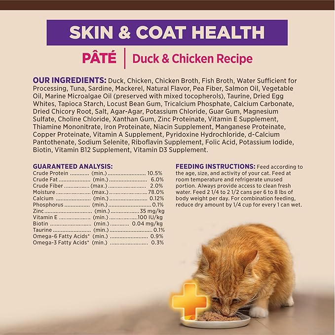 Wellness CORE+ Skin &amp; Coat Pate Adult Wet Cat Food, Natural, Protein-Rich, Grain Free, 2.8 Ounce, 12 Pack (Duck &amp; Chicken)