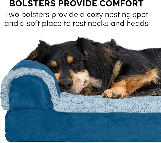 Furhaven Cooling Gel Dog Bed for Large Dogs w/ Removable Bolsters &amp; Washable Cover, For Dogs Up to 95 lbs - Two-Tone Plush Faux Fur &amp; Suede L Shaped Chaise - Marine Blue, Jumbo/XL