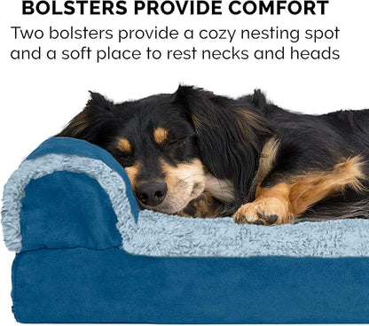 Furhaven Cooling Gel Dog Bed for Large Dogs w/ Removable Bolsters &amp; Washable Cover, For Dogs Up to 125 lbs - Two-Tone Plush Faux Fur &amp; Suede L Shaped Chaise - Marine Blue, Jumbo Plus/XXL