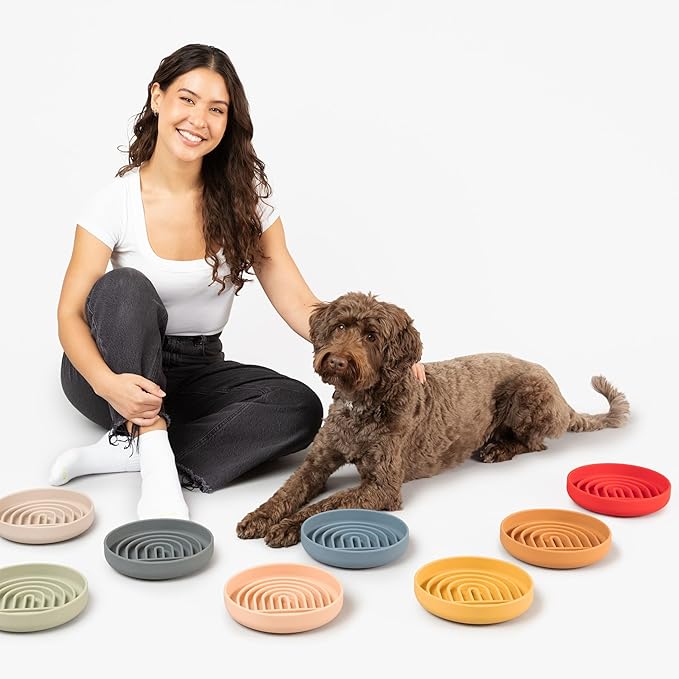 The Slowdown Bowl Silicone Slow Feeder for Dogs &amp; Puppies, Slow Eating, Modern Lick Mat Design, Reduces Gulping, Fits 2 Cups 7.5” Across x 1.5” Tall, Mealtime Challenge, Medium-Cherry
