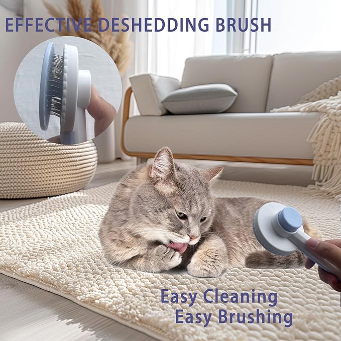 Cat Grooming Brush Kit 6 Tools - Deshedding &amp; Dematting for Long/Short Hair, Self-Cleaning Slicker Brush with 6-in-1 Flea Comb for Cats &amp; Kittens (Blue)