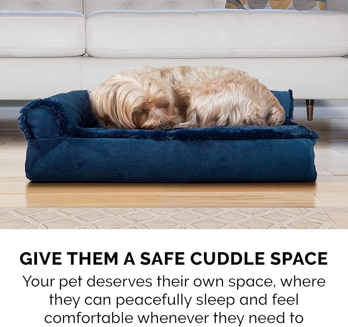 Furhaven Cooling Gel Dog Bed for Large Dogs w/ Removable Bolsters &amp; Washable Cover, For Dogs Up to 125 lbs - Plush &amp; Velvet L Shaped Chaise - Deep Sapphire, Jumbo Plus/XXL