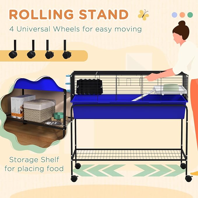 PawHut Two-Story Small Animal Cage Removable from Stand, Guinea Pig Cage with Shelf &amp; Wheels, Pet Habitat for Hedgehog, Chinchilla, Ferret, 39" x 20.5" x 36.5", Blue