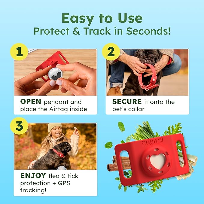 BugMD Paw Guardian Flea and Tick Prevention Pendant for Dogs with AirTag Holder | Plant-Powered Flea &amp; Tick Control for Dog Collars Harnesses | Dog Tag with Air Tag Holder - Red