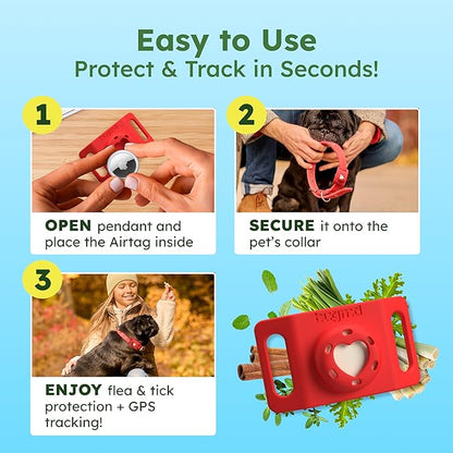 BugMD Paw Guardian Flea and Tick Prevention Pendant for Dogs with AirTag Holder | Plant-Powered Flea &amp; Tick Control for Dog Collars Harnesses | Dog Tag with Air Tag Holder - Red