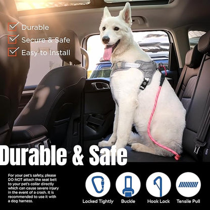 Dog Seat Belt for Car | Universal Dog Car Seatbelt | Durable Reflective Rope with Clip Hook Latch, Buckle and Carabiner- Safe and Secure Pet Safety Restraint (Pink)