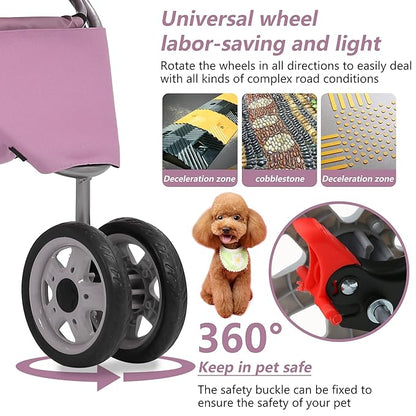 Dog Stroller,3 Wheels Travel Folding Pet Stroller for Small Medium Dog Cat Jogger Stroller with Storage Basket Removable Liner Pink