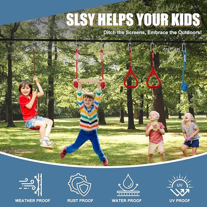 Slsy Ninja Warrior Obstacle Course for Kids, 50FT Durable Ninja Slackline Kit with 8 Complete Accessories, Playset Equipment with Swing, Climbing Net, Ladder &amp; Monkey Bars (8 Obstacles)