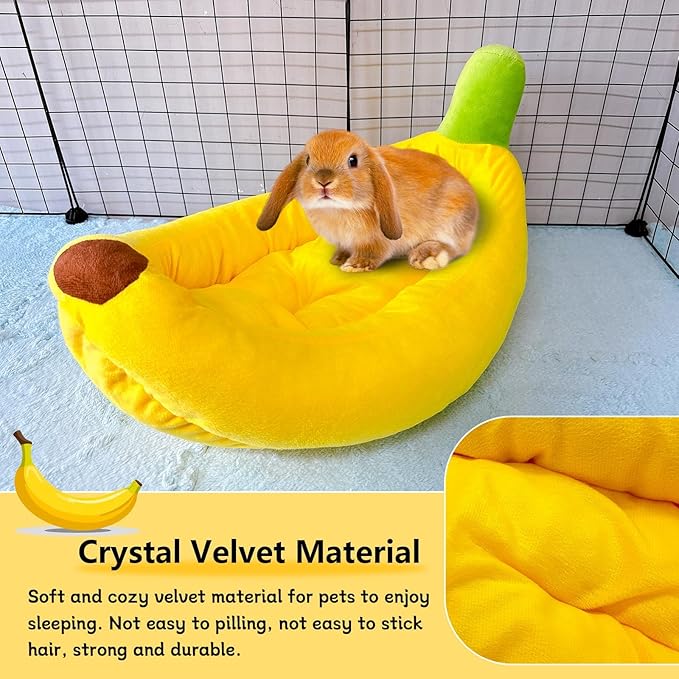Rabbit Bed,Bunny Bed,Thick&amp;Soft with Removable Mat,Machine Washable Guinea Pig Cushion,Cozy Rabbi Plush House,Warm Small Animal Sleeping Beds(Yellow Banana Shape-L)