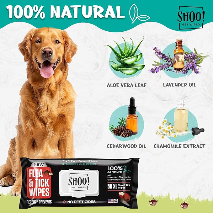 Shoo! Flea &amp; Tick Wipes for Dogs | Convenient, Easy On-The-Go Protection | Plant Based, Natural Oils, Chemical Free | Repels &amp; Prevents | 50 XL Wipes (2 Pack) | Original -Lavender