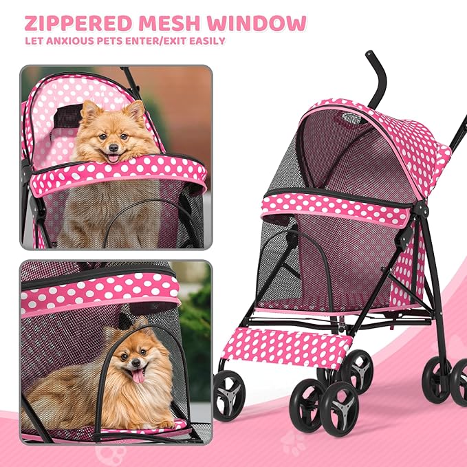 Magshion Compact Pet Stroller for Small-Medium Dogs/Cats up to 22lbs, 4-Wheel Lightweight Umbrella Shaped Portable Puppy Travel Jogger with Breathable Mesh &amp; Rear Storage, Pink Polka Dots