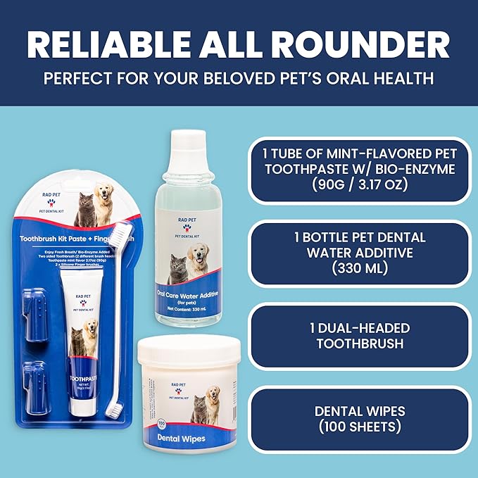 RAD PET - Advanced Pet Dental Hygiene Kit, Vet-Formulated Cat &amp; Dog Tooth Brushing Kit, Complete Oral Care with Cat/Dog Toothbrush and Toothpaste (Enzymatic), Pet Dental Wipes &amp; Water Additive