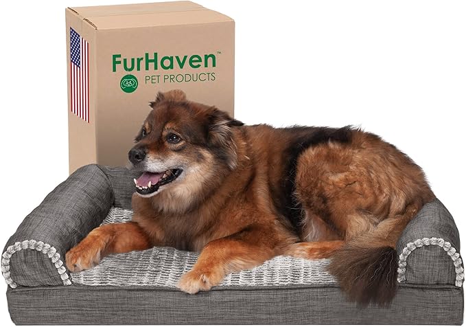 Furhaven Cooling Gel Dog Bed for Large/Medium Dogs w/ Removable Bolsters &amp; Washable Cover, For Dogs Up to 55 lbs - Luxe Faux Fur &amp; Performance Linen Sofa - Charcoal, Large