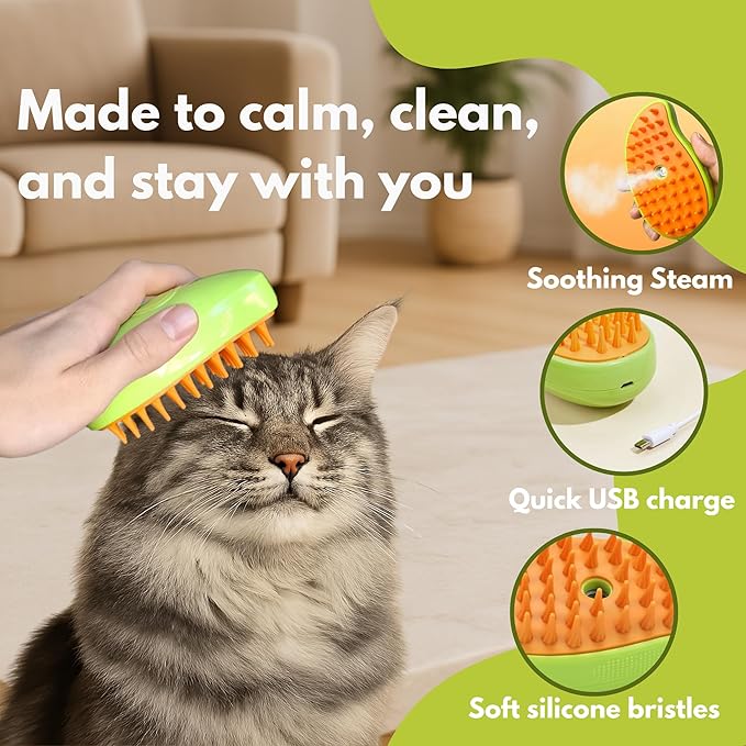 Cat Brush with Steam – Steam Cat Brushes for Indoor Cats | Pet Spray Hair Removal Comb &amp; Relaxing Grooming Tool for Calmer, Happier Cats