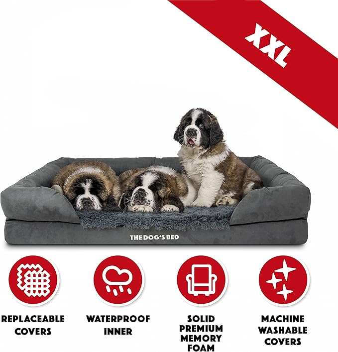The Dog’s Bed, XXL Grey Fur Memory Foam, Pain Relief: Arthritis, Hip &amp; Elbow Dysplasia, Post Surgery, Lameness, Supportive, Calming, Waterproof, Washable Cover, Veterinary Approved