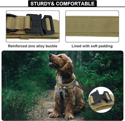 Tactical AirTag Dog Collar Leash Set - Heavy Duty, Adjustable GPS Collar Compatible with Apple AirTag, with Holder &amp; Control Handle for Medium/Large Dogs [Brown, XL]