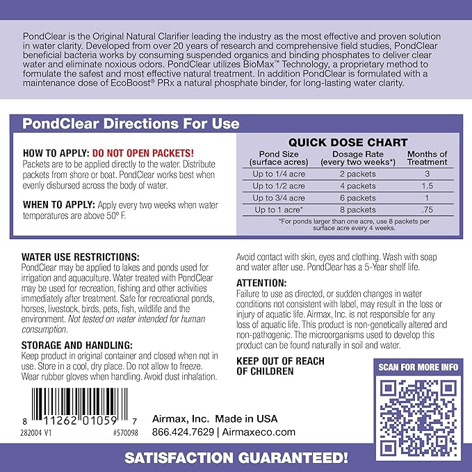 Airmax PondClear Packets, Beneficial Bacteria &amp; Enzyme Clarifier Treatment with Ecoboost PRx, Clear &amp; Clean Pond &amp; Lake Water, Safe for Fish, 96 Count