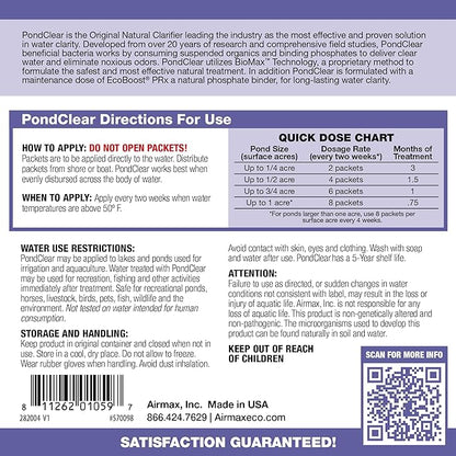 Airmax PondClear Packets, Beneficial Bacteria &amp; Enzyme Clarifier Treatment with Ecoboost PRx, Clear &amp; Clean Pond &amp; Lake Water, Safe for Fish, 96 Count