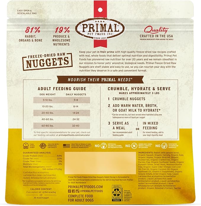 Primal Freeze Dried Raw Dog Food Nuggets, Rabbit, Complete &amp; Balanced Meal, Also Use as Topper or Treat, Premium, Healthy, Grain Free, High Protein Raw Dog Food, 14 oz