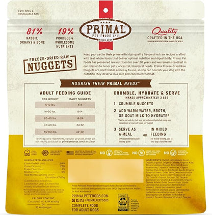 Primal Freeze Dried Raw Dog Food Nuggets, Rabbit, Complete &amp; Balanced Meal, Also Use as Topper or Treat, Premium, Healthy, Grain Free, High Protein Raw Dog Food, 14 oz