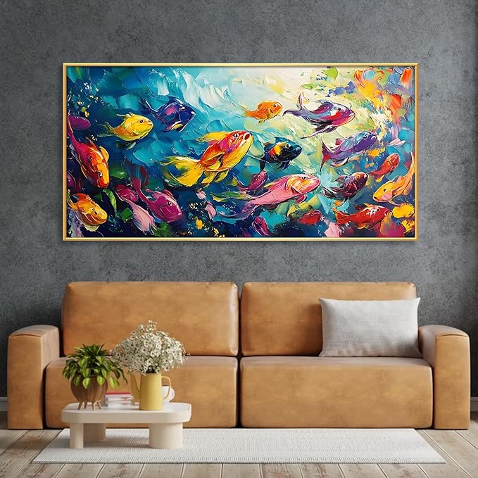 School of Fish Printed Canvas Wall Art – Framed Abstract Ocean Print – Vibrant Fish Wall Decor for Living Room, Bedroom, Office (Gold Framed, 55"x27"|140x70cm)