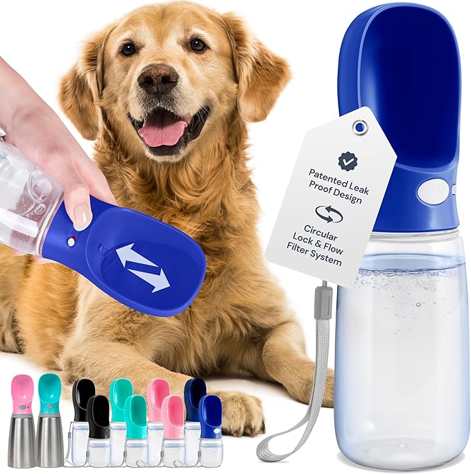 MalsiPree Dog Water Bottle Portable - 19 Oz, Navy Blue - Leak-Proof One-Hand Hydration Valve with Built-in Bowl - Travel Dog Water Bowl &amp; Pet Bottle Dispenser
