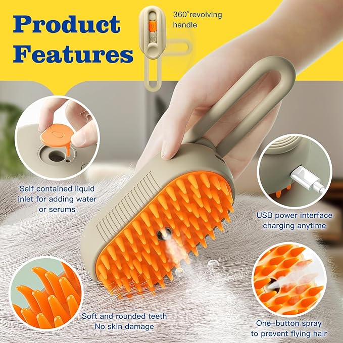 Cat Steam Brush for Shedding with Foldable Handle 4 in 1 Rechargeable Steam Brush for Cats and Dogs,Haired Pets Spritz Defur Comb for Cats Pet Spray Grooming Tool for Hair Removal &amp; Massage