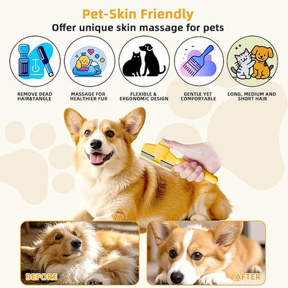Pet Hair Removal Comb,New Cat Brush with Release Button,Pet Grooming Brush for Short&amp;Long Pet Hair,Deshedding Brush for Pet (yellow)