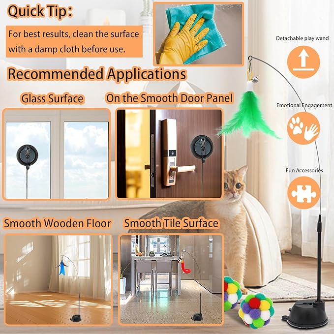 4-in-1 Interactive Cat Toys Set with Suction Cup Wand, Hanging Cat Toys, Fishing Pole Cat Wand &amp; Kitten Balls- Includes Variety Replaceable Worms, Feathers for Indoor Bored Cats for Exercise