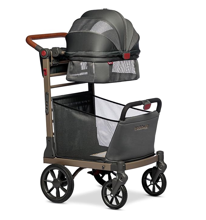 Pet Foldable Cart - Luxury Cat &amp; Dog Stroller with Extra Large Shopping Basket, Cup Holders, &amp; Ventilated Canopy - Easy Fold Pet Stroller for Cats &amp; Dogs