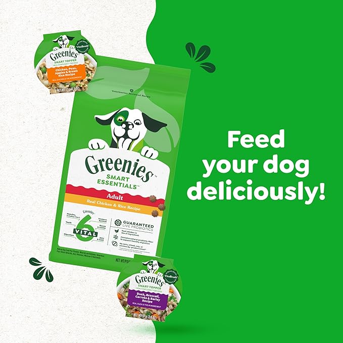 Greenies Smart Topper High Protein Wet Mix-in for Dogs, Chicken, Peas, Apples, and Brown Rice Recipe &amp; Duck, Broccoli, Carrots and Barley Recipe Variety Pack with Whole Grains, 8 Trays of 2oz.