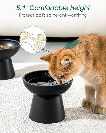 vancasso Ceramic Elevated Cat Bowls 2-Pack - 6.2" Extra Wide Raised Cat Food &amp; Water Dishes, 5.1" Optimal Height Anti-Whisker Fatigue Shallow Bowls for Cats/Kittens/Dogs, Lead &amp; Cadmium Free (Black)