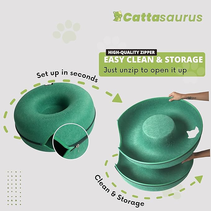 CATTASAURUS Peekaboo Cat Cave for Multiple &amp; Large Cats Up to 30-45 Lbs, Scratch Detachable &amp; Washable Tunnel Bed, Comfy Donut Cat Cave (Forest Green, Large)