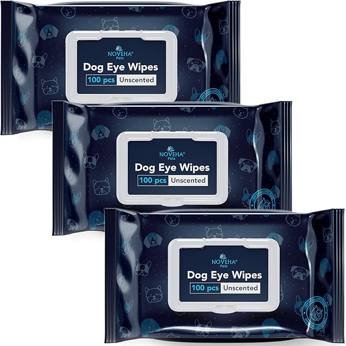 NOVEHA Dog Eye Wipes - Tear Stain Remover for Dogs - Formulated to Remove Eye Debris, Tear Stains &amp; Eye Discharge - Plant Based, Safe, Convenient, and Large Unscented Wipes (100 Count x 3 Packages)