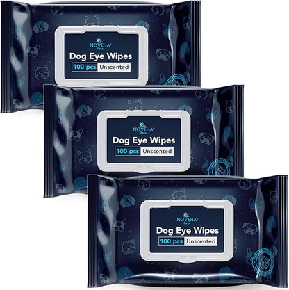 NOVEHA Dog Eye Wipes - Tear Stain Remover for Dogs - Formulated to Remove Eye Debris, Tear Stains &amp; Eye Discharge - Plant Based, Safe, Convenient, and Large Unscented Wipes (100 Count x 3 Packages)