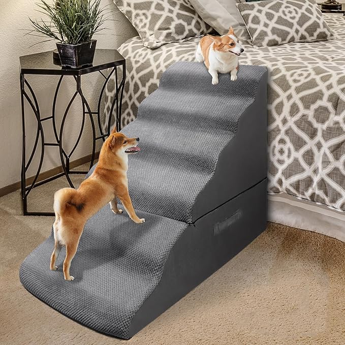 Dog Stairs&amp;Steps for 30 Inches Tall High Bed, Pet Dog Ramp Ladder for Small Medium Dogs, Doggie, Old Cats, Kitty, Small Animals(Grey, Up to 30-36 Inch Tall Bed)