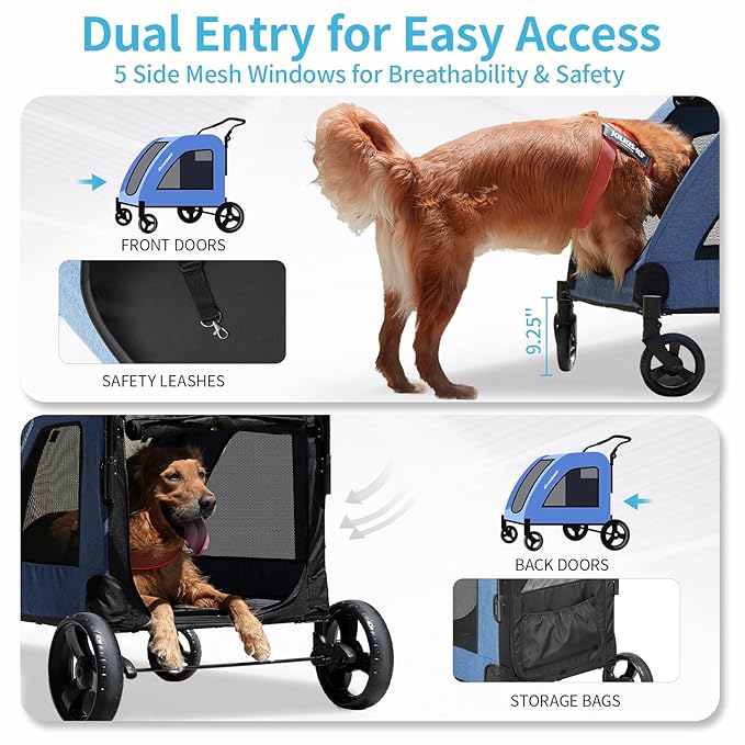 EchoSmile Heavy-Duty Large Dog Stroller with Shock-Absorbing Wheels, Foldable Pet Travel Carrier for Medium &amp; Large Dogs, 5 Mesh Windows, 160 lbs Capacity, Easy Assembly &amp; Storage