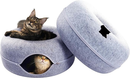 CATTASAURUS Peekaboo Cat Cave for Multiple &amp; Large Cats Up to 30-45 Lbs, Scratch Detachable &amp; Washable Tunnel Bed, Comfy Donut Cat Cave (Light Gray + Light Gray, Large)