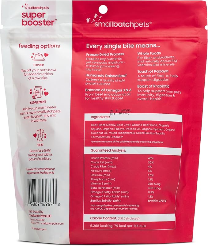 smallbatch Freeze Dried Dog Treats, Superfood Food Topper Beef Bites for Dogs &amp; Cats, Probiotics, Organic Ingredients, High Protein, Grain Free Healthy Treat Food Topper, Made in The USA, 7 oz Bag