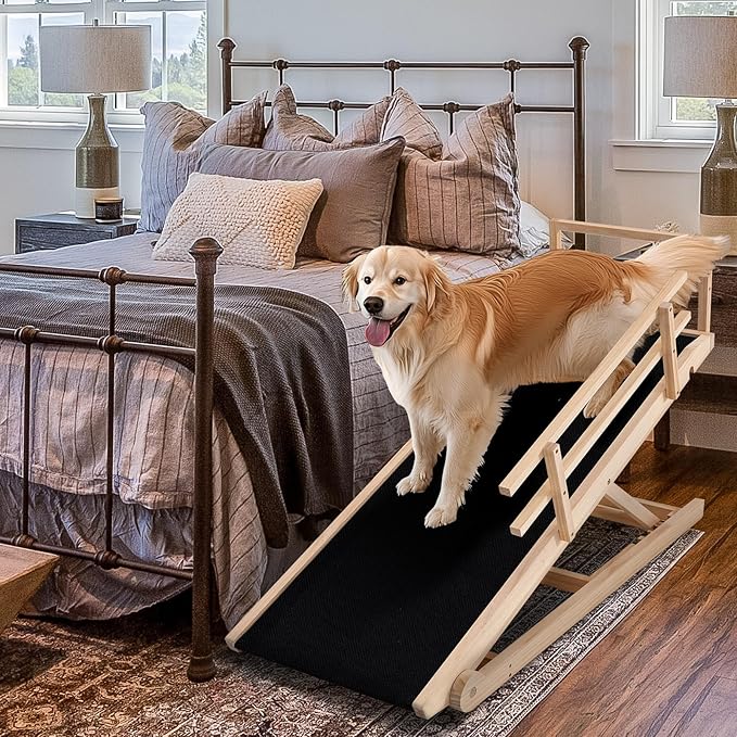 Dog Ramp, 5 Level Adjustable Height Folding Pet Ramp for High Bed, Portable Paw Ramps Large Bed Ramp for Medium &amp; Large Old Dogs &amp; Cats - Natural Wood Furniture Quality
