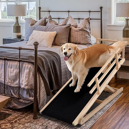 Dog Ramp, 5 Level Adjustable Height Folding Pet Ramp for High Bed, Portable Paw Ramps Large Bed Ramp for Medium &amp; Large Old Dogs &amp; Cats - Natural Wood Furniture Quality
