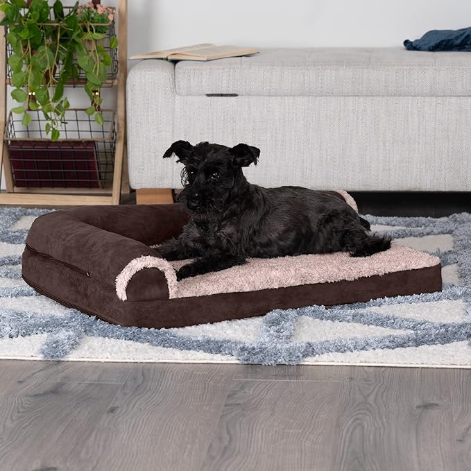 Furhaven Cooling Gel Dog Bed for Medium/Small Dogs w/ Removable Bolsters &amp; Washable Cover, For Dogs Up to 35 lbs - Two-Tone Plush Faux Fur &amp; Suede L Shaped Chaise - Espresso, Medium