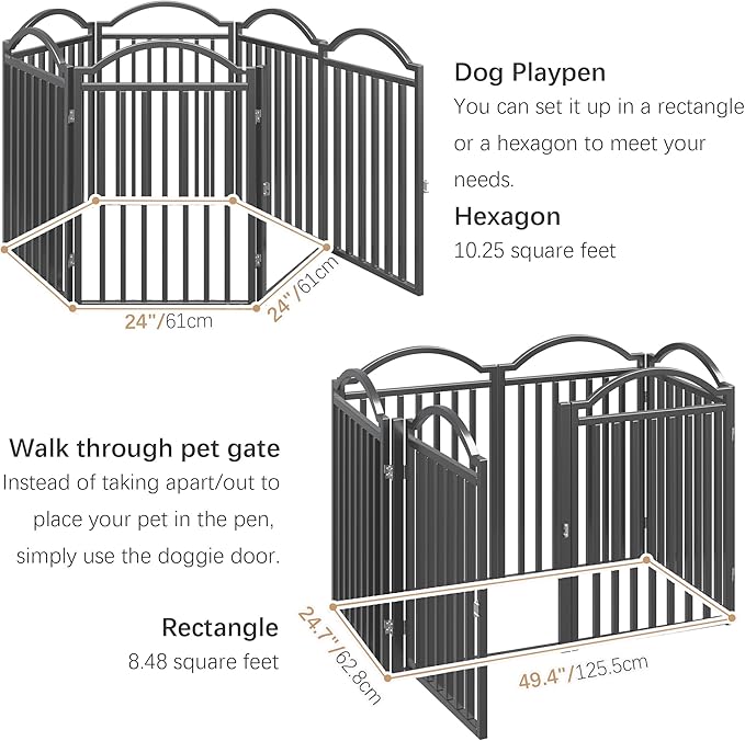 BHG Metal No-Assembly Freestanding Dog Gate with Door Walk Through, Extra Wide 144", Extra Tall 32" Pet Gate, Accordion Puppy Folding Playpen Dog Fence for Indoor &amp; Outdoor, with 2PCS Support - Black